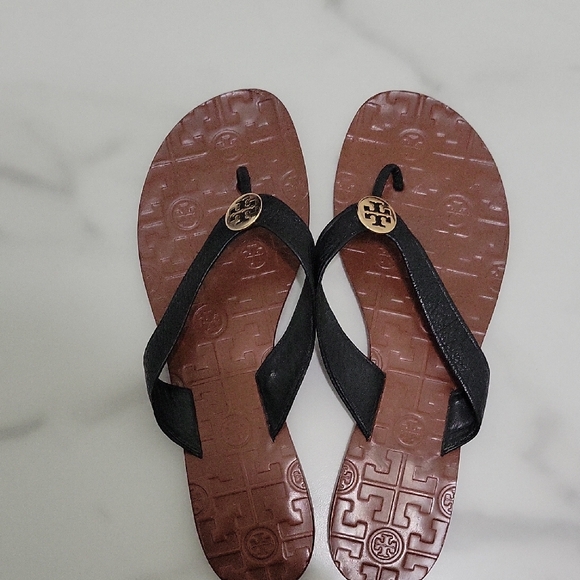Tory Burch Shoes - Tory Burch Black and Brown Sandals with Gold Logo